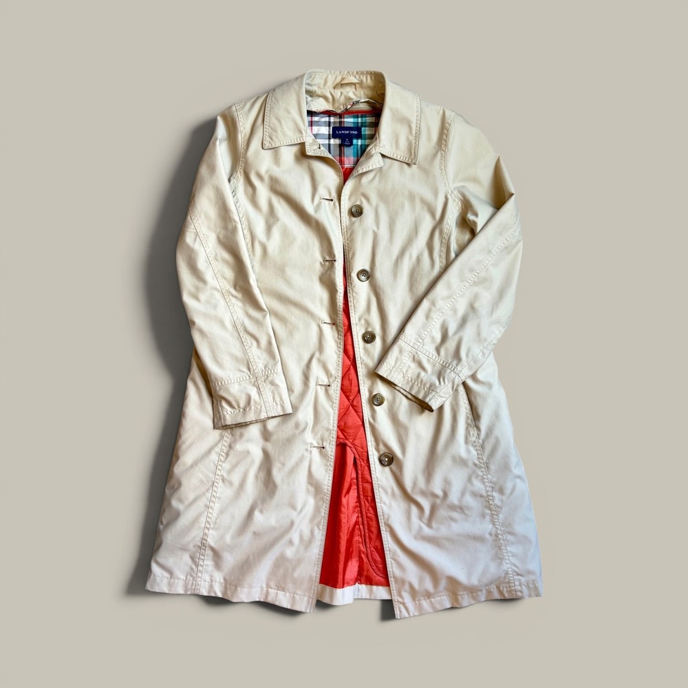 Lands End Small Womens Beige Trench Coat Removable Quilted Liner Plaid 6-8
